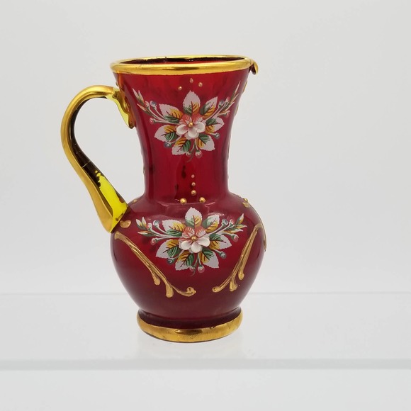 Ruby Red Glass Handpainted Miniature Vase Pitcher Gold Floral Italian Vintage - Picture 4 of 8